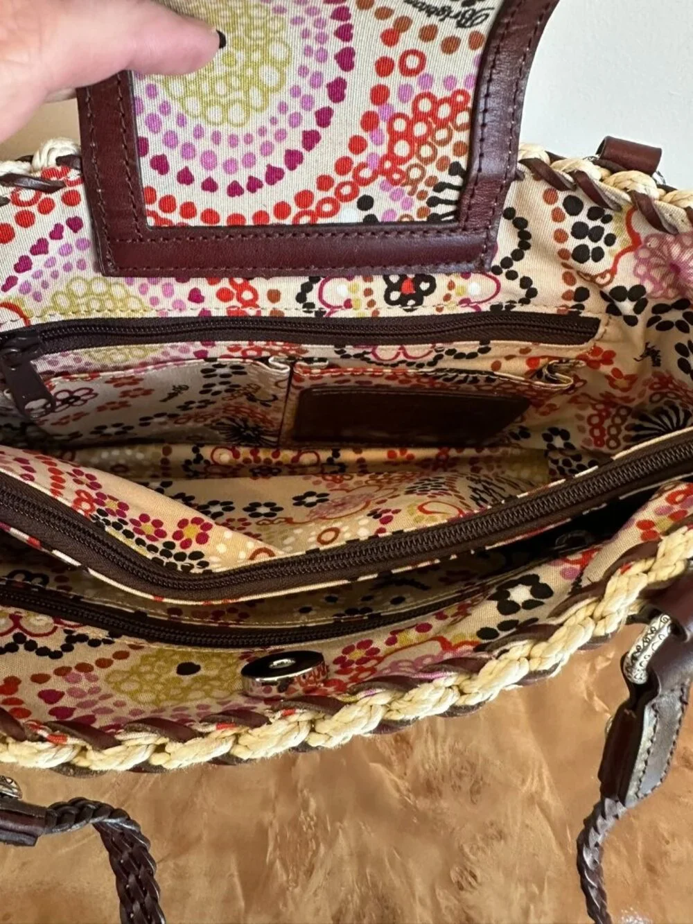 Brighton Peggy Straw Leather Tote Woven Basket Floral Trim Charm Bag - Picture 9 of 10